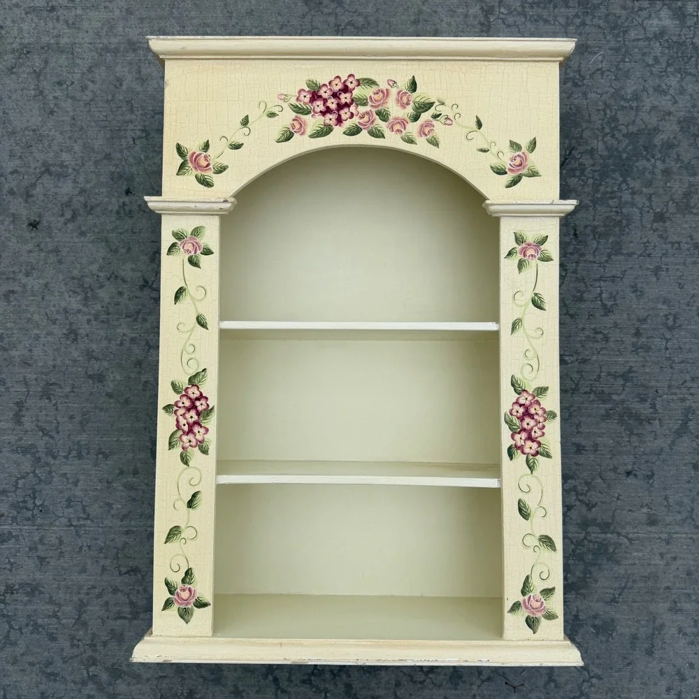 Vtg Home Interiors Floral Wall Shelf Cream Crackle Pink Rose Purple Hydrangea